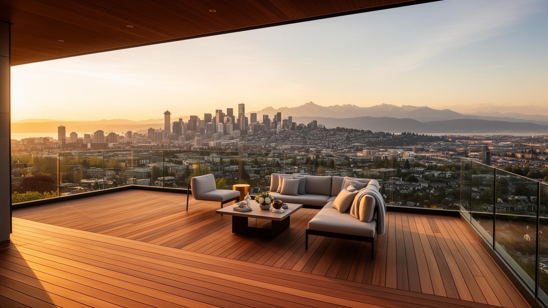 Luxury cedar deck overlooking the Seattle skyline at sunset